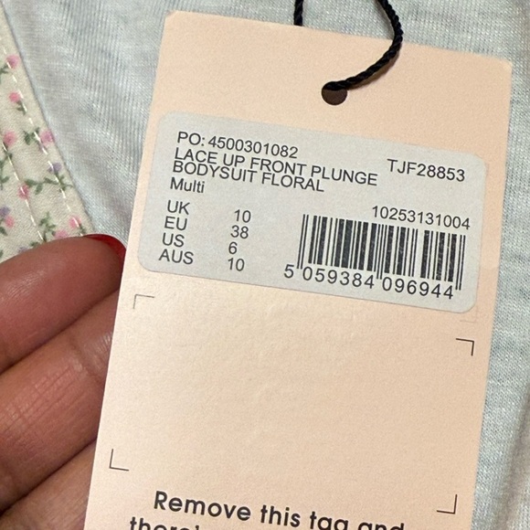 Missguided lace up front puff sleeve cream pink purple floral bodysuit US 6 - Picture 7 of 8